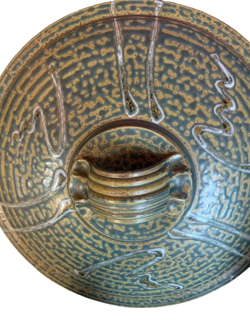 Signed Studio Art Pottery Lidded Casserole Serving Bowl Green Blue Textured